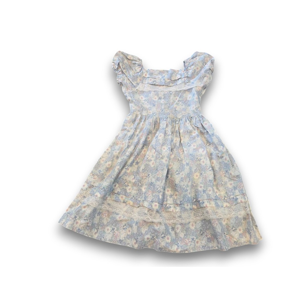 Vintage 70's Cinderella Brand Dress Pastel Blue Floral Lace Cap Sleeve Girls 8